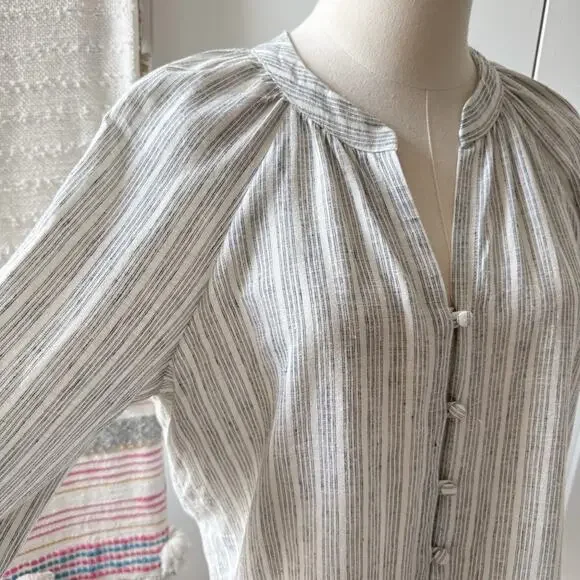 Faherty Naomi Grey Striped Long Sleeves Button Down Linen Blend Shirt Size Small - Picture 3 of 10